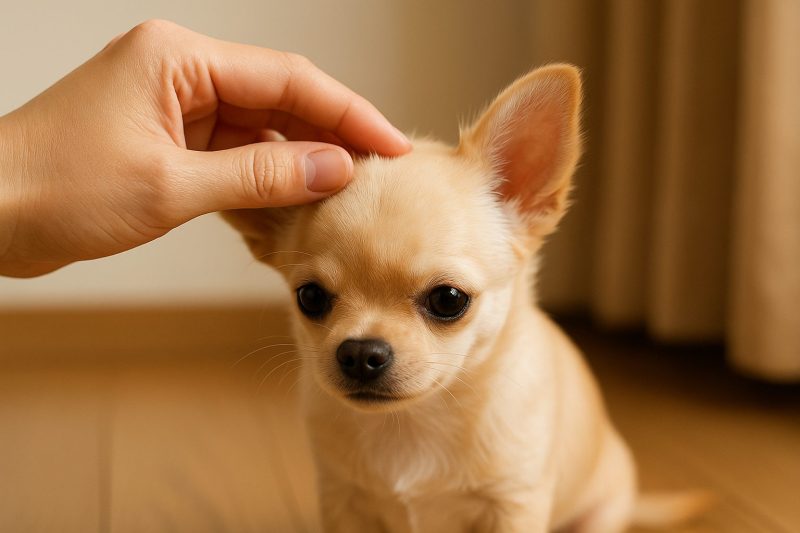 飼い主が室内でチワワの頭頂部を優しく指で触れ、ペコの位置を確認している様子を横長16:9構図で撮影したフォトリアルな写真。穏やかで清潔感のある観察シーンを表現している。