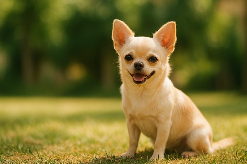 日差しの差し込む公園で元気に座るチワワを横長16:9構図で撮影したフォトリアルな写真。明るい緑の背景の中、健康で穏やかな表情がペコがあっても大丈夫なケースを象徴している。