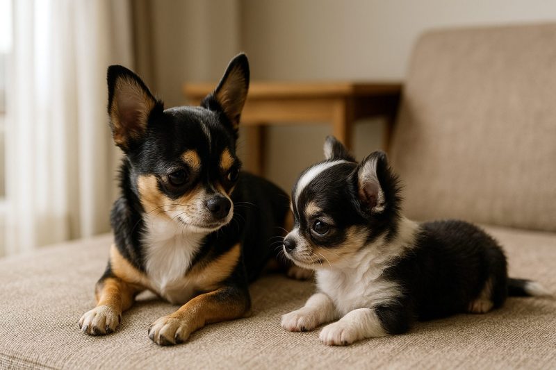 日本のリビングで、成犬のチワワと子犬のチワワが穏やかに寄り添い、互いに見つめ合う様子をリアルに撮影した横長16:9構図の画像。2匹目のチワワと仲良くなるまでの期間と工夫を象徴する温かな雰囲気のシーン。