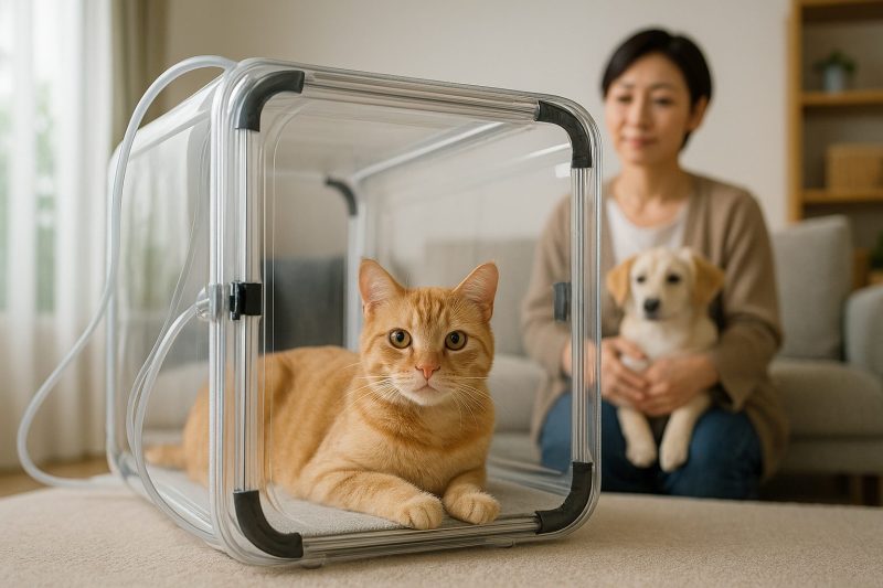 日本のリビングで猫が透明な酸素室の中で落ち着いて横たわり、後方で女性が犬を抱いて見守る様子を16:9構図でフォトリアルに表現した画像。酸素ケアによる安心感とリラックス効果を象徴