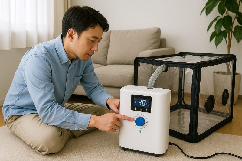 日本のリビングで男性が酸素発生器の濃度調整パネルを操作し、40%と表示された画面を確認している様子を16:9構図でリアルに表現した画像。隣には透明なペット酸素室があり、安全で清潔な家庭環境を描写