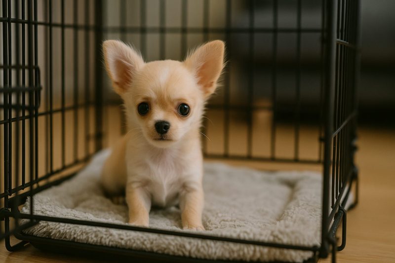 小さなチワワの子犬がケージの中で不安そうに座る写真。明るい木の床と柔らかな照明が、留守番中の子犬の繊細さと注意すべき安全面をリアルに表現している。