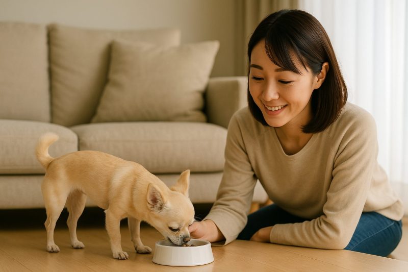 日本人女性が室内で小型犬（トイプードル）に食事を与える様子を16:9構図で撮影。自然光の差し込むリビングで、飼い主が穏やかに見守る姿をリアルに表現し、うんちの量や状態を安定させる工夫を象徴。