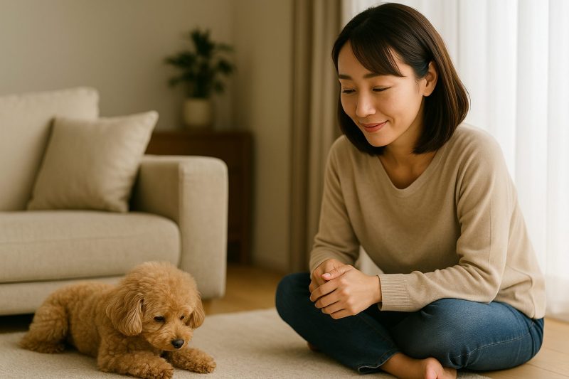 日本人女性がソファに座り、小型犬（トイプードル）が床で休む様子を優しく見守るシーンを16:9構図で撮影。穏やかな自然光が差し込むリビングで、モグワンをやめた後の安心感と愛情を表現したフォトリアル画像。