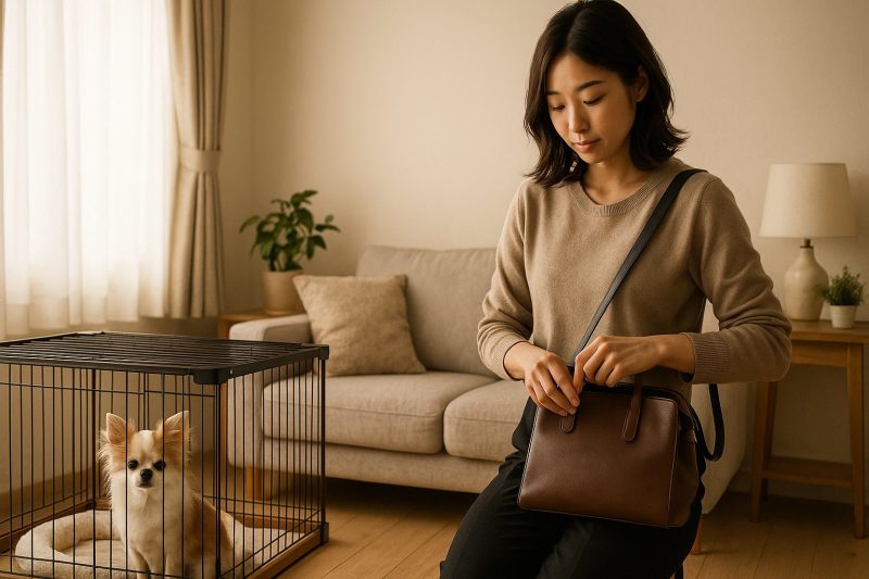 一人暮らしの女性が朝の出勤前にバッグを手に取り、ケージの中で落ち着いて座るチワワを見つめる写真。柔らかな自然光とナチュラルなインテリアが穏やかな留守番シーンを表現。