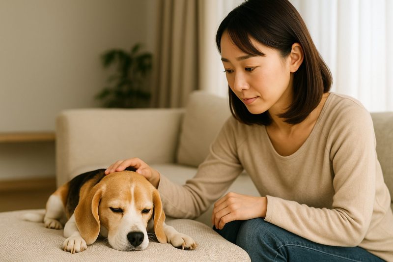 日本人女性が自宅のリビングで犬の健康を気づかいながら見守る様子を16:9構図で撮影したフォトリアル画像。穏やかな自然光に包まれた空間で、犬の腸内環境や健康を意識する飼い主の落ち着いた表情を表現。