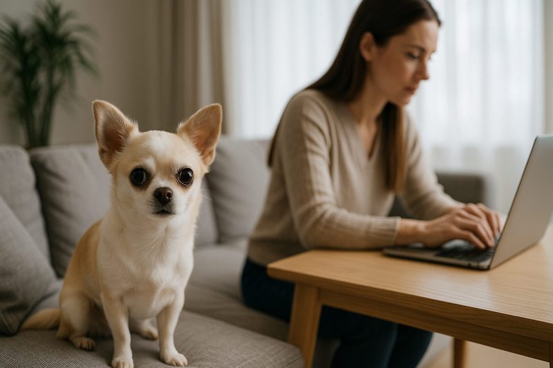 明るいリビングで、チワワがソファの上からカメラを見つめ、その後ろでノートパソコンを操作する女性がいる写真。共働きの飼い主とチワワの穏やかな生活風景をリアルに表現。