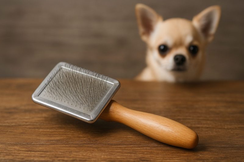 木製ハンドルのスリッカーブラシがテーブルの上に置かれ、背景にはチワワが柔らかくぼかされた状態で写る16:9構図のリアル写真。ブラシの形状と針の細さがよく見え、スリッカーブラシの利点を示すのに適したイメージ。