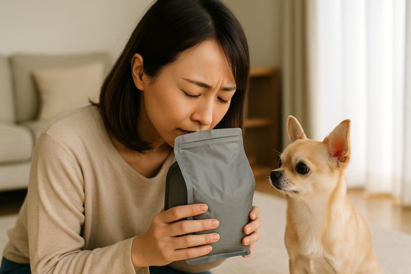 日本人女性がモグワンの袋を開けて匂いを確かめ、小型犬が横から興味深そうに見つめている様子を16:9構図で撮影したフォトリアル画像。自然光が差し込む室内で、保存状態を確認するシーンをリアルに表現。
