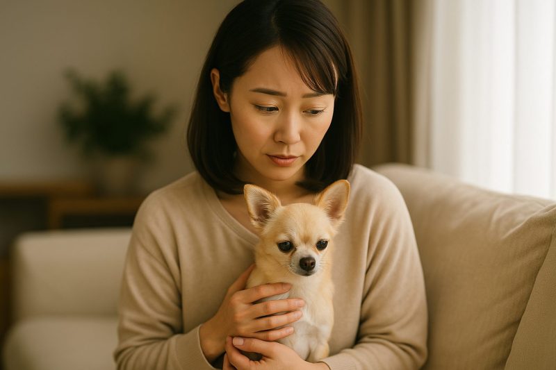 日本人女性がチワワを抱き、心配そうに見つめる室内シーンを16:9構図で撮影したフォトリアル画像。自然光が差し込む落ち着いたリビングで、愛犬の体調変化を気づかう優しい雰囲気を表現。