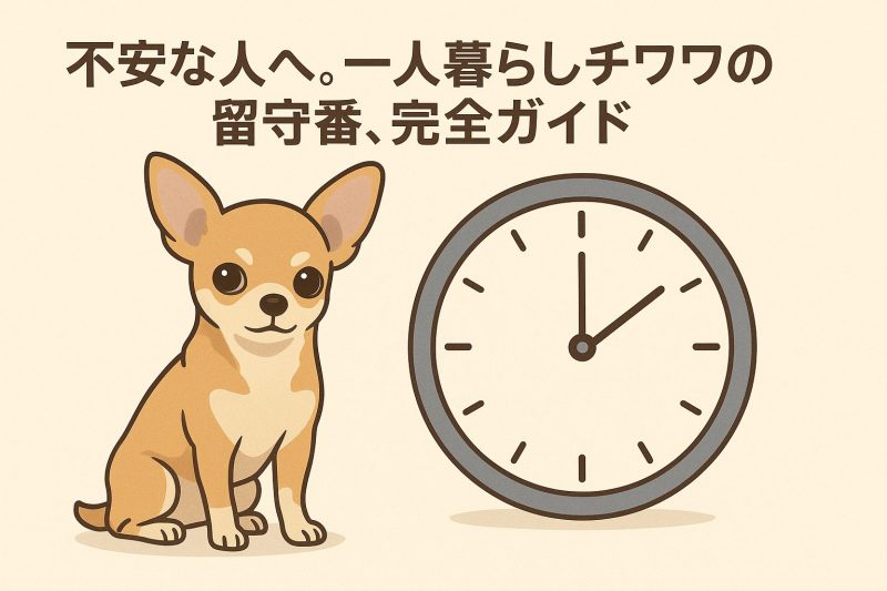 明るい日本のリビングで、チワワが柔らかなクッションの上に静かに横たわり、壁の時計が午前10時を示す写真。穏やかな朝の光が差し込み、短時間の留守番シーンをリアルに描いた構図。