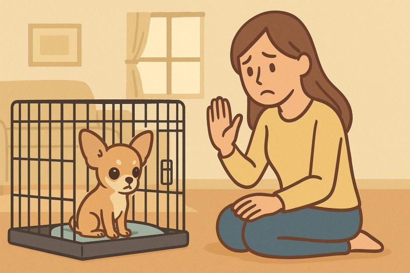 新しい部屋で、チワワの子犬を見守る若い女性が不安そうに手を振る様子を描いたイラスト。飼い始めたばかりの留守番に注意すべき心情をやわらかく表現。