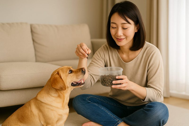 日本人女性がリビングで犬にフードを与える穏やかなシーン。自然光が差し込み、犬が健康的に食事をとる姿を16:9構図でリアルに描写。モグワンによる便量増加時の落ち着いた対応を象徴するフォトリアル画像。