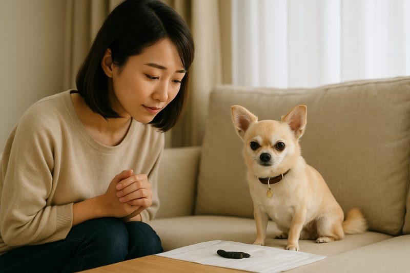 日本人女性がテーブルで小型犬と並んで座り、犬の健康記録を確認するような穏やかなシーンを16:9構図で撮影。自然光が差し込む清潔な室内で、肝臓ケアを意識した落ち着いた雰囲気をフォトリアルに表現。