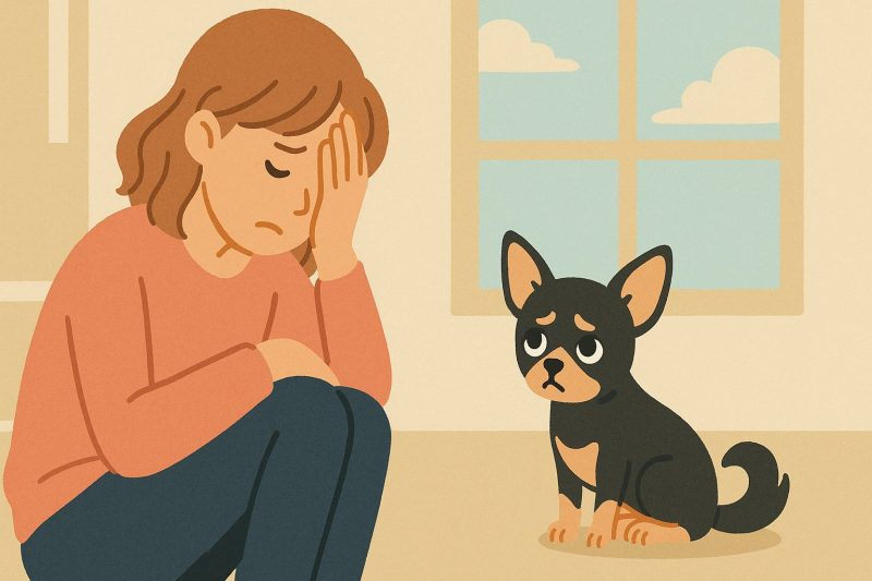 ソファに座る若い女性がチワワを見つめ、手で顔を覆って考え込む様子を描いたイラスト。飼育の責任と後悔しないための心構えを、温かみのある色合いで表現している。