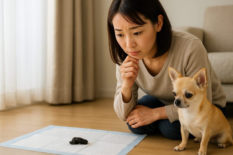 日本人女性がチワワのそばで床のペットシート上の便を観察している様子を16:9構図で撮影したフォトリアル画像。自然光が差し込む室内で、うんちの色の変化に気づき冷静に見守る飼い主の姿を描写。