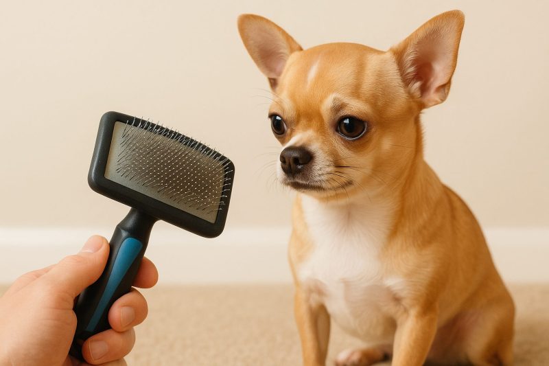 短毛チワワと長毛チワワが、それぞれ飼い主に優しくブラッシングされている様子を並べて写した写真。ブラシの種類の違いと正しい使い方が視覚的に伝わる構図。