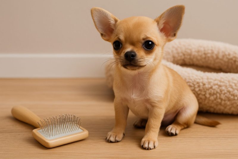 チワワの子犬が柔らかい質感のベッドの前に座り、そばには子犬用のピンブラシが置かれている様子を16:9の横長構図で撮影した、ブラッシング開始時期を示すイメージ写真。