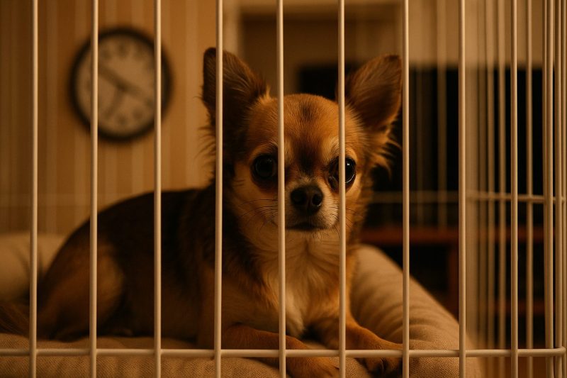 夜の静かな部屋で、チワワがケージの中からじっと見つめる写真。壁の時計が午後8時を示し、柔らかなオレンジの照明が長時間の留守番の寂しさをリアルに表現している。