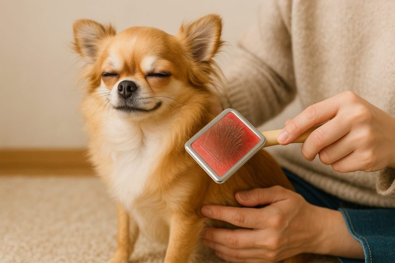 チワワが気持ちよさそうに目を閉じ、飼い主に優しくブラッシングされている様子を16:9構図で表現したリアル写真。リラックスした表情と柔らかな光が、心地よいブラッシング方法を象徴している。