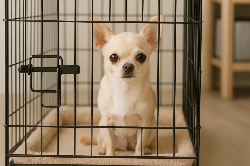チワワが清潔なケージの中で穏やかに座っている写真。水皿や柔らかいマットが配置され、留守番時の安全な環境づくりをリアルに表現している。