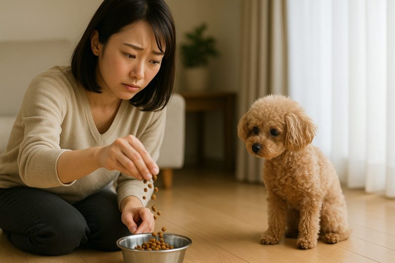 日本人女性が床に座り、小型犬に新しいドッグフードを与える様子を16:9構図でリアルに撮影した画像。女性は慎重に見つめ、犬は興味深そうに観察している。自然光の中で食事切り替え初期の不安と優しさを表現。