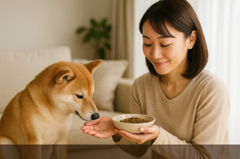日本人女性がリビングで犬を優しく見守る様子を16:9構図で撮影したフォトリアル画像。犬は体調がやや不安な様子で休んでおり、飼い主が心配しながら寄り添う姿を自然光で穏やかに描写。