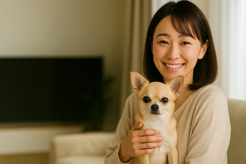 日本人女性が公園で小型犬（チワワ）を散歩させている様子を16:9構図で撮影したフォトリアル画像。晴れた日差しの中で犬が草の匂いを嗅ぎ、健康的な消化と活動的な様子を表現している。