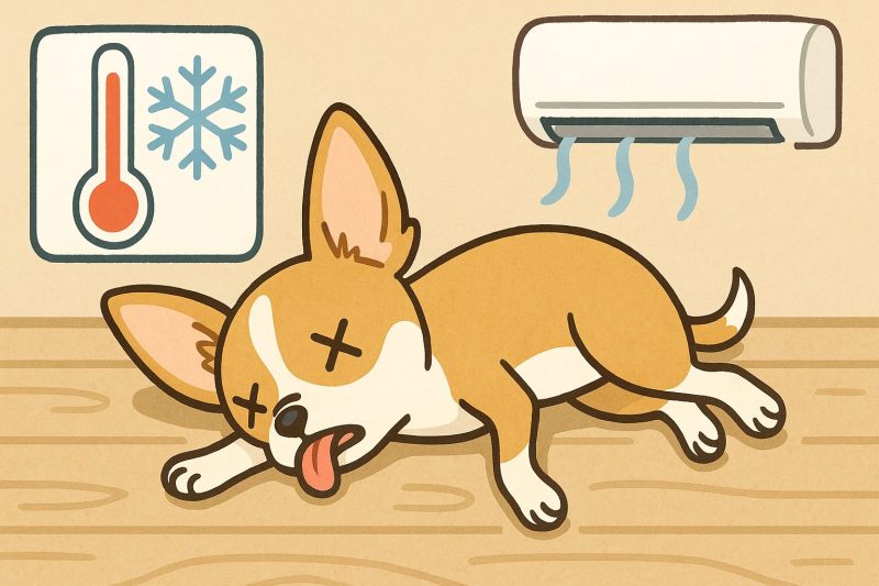 チワワが室温管理を誤って倒れている様子を示す注意喚起イラスト。エアコンと温度計のアイコンを背景に、過熱や管理不足の危険性を分かりやすく表現している。