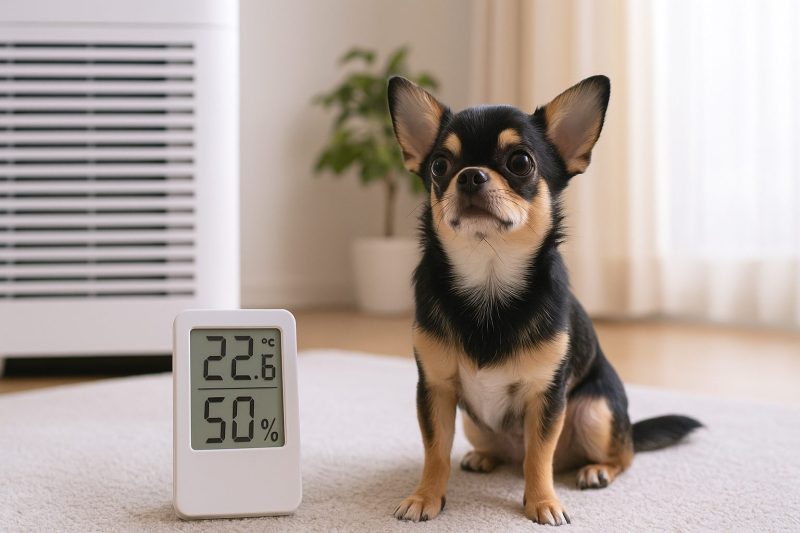 チワワが快適な室内で温湿度計のそばに座る様子を写した写真。エアコンや自然光が入り、適切な室温管理と安全な環境整備を表現している。